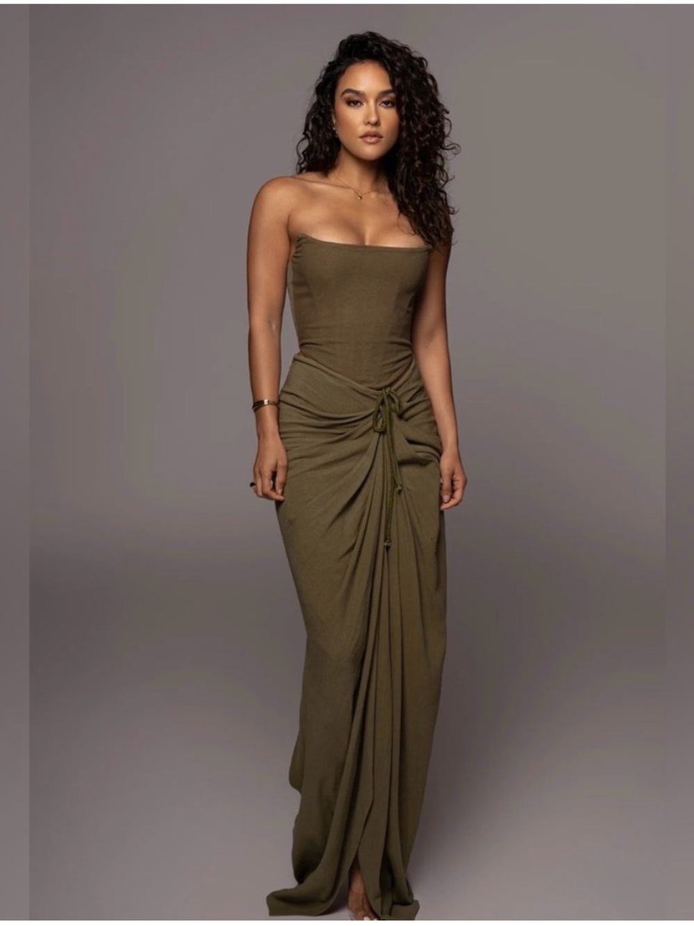 JLuX Label - Strapless Olive Green Ruched Maxi 2 piece (corset and top)